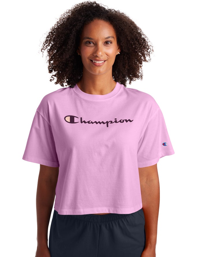 Champion Womens T-Shirt NZ - Cropped Script Logo Pink ( 8174-XEWNP )